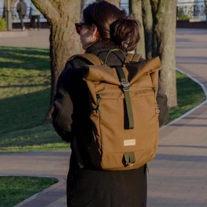 Brown Canvas Travel Backpack, Water Resistant Minimalist City Backpack, Rolltop Laptop Backpack, Roll Top Canvas Rucksack, Gift for Her Idea