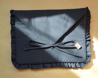 Handmade Quilted Navy Blue Laptop Sleeve with Bow, Padded Macbook Case 13 in, Cute Macbook Sleeve 14 in with Ruffles, Fabric Laptop Cover