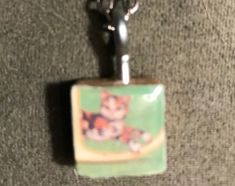 Wooden Scrabble Tile Little Calico Kitty Necklace
