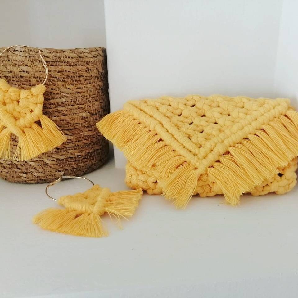Mustard Yellow Macrame Handmade Clutch Bag and Earrings | Etsy
