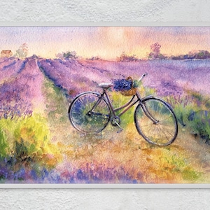impression du paysage aquarelle original, vélo sur un champ de lavande, peinture originale, fleurs violettes lavande, cadeau fait main.