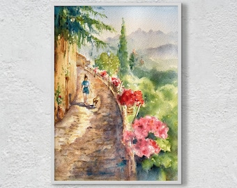 Print of original watercolor floral painting, Colourful Tuscany landscape in Italy, Handmade wall art
