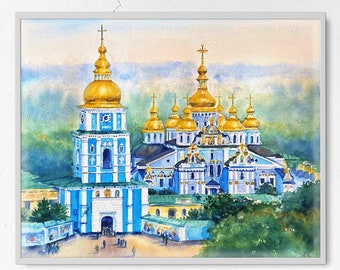 Aquarelle originale, art mural ukrainien Monastère au dôme doré Saint-Michel de Kiev