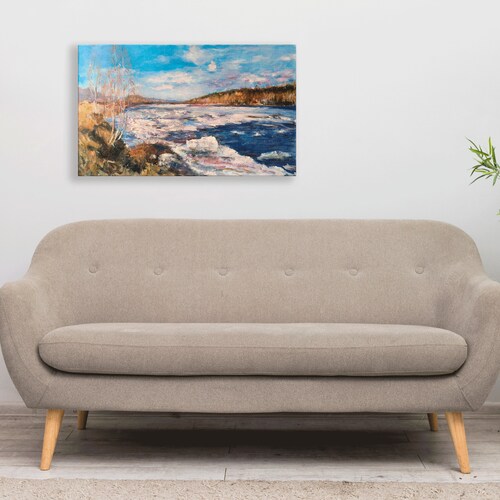 Large original oil painting of winter river, Gift shops for step mom with frosty forest
