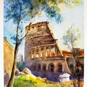 Acquerello del Colosseo di Roma – Dipinto originale di architettura italiana, decorazione murale di rovine antiche, paesaggio delicato dai toni caldi.