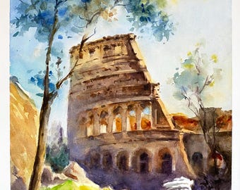 ローマのコロッセオのオリジナル水彩画、イタリアの都市風景、古代建築