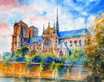 Original watercolor painting of Notre Dame in Paris, travel, cityscape