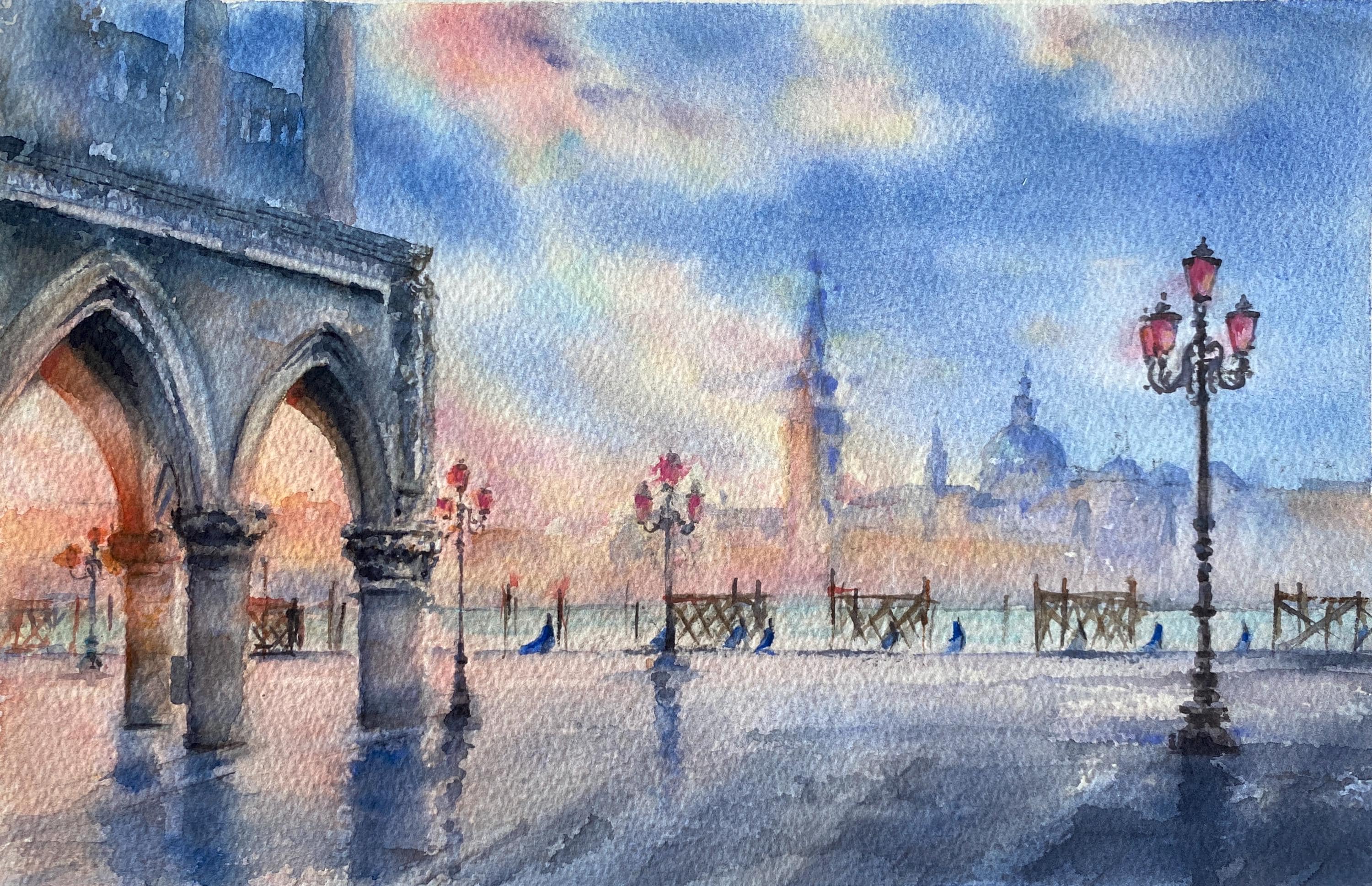 イタリア ヴェネツィア 壁画 オリジナル 水彩画 帆船 絵画、ヨーロッパ