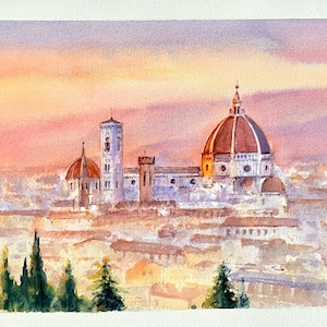 Toscane, Florence, lever de soleil sur la ville, aquarelle originale, cadeau esthétique pour les amoureux de l'Italie.