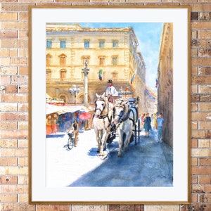 Florença na Itália, Parelha de cavalos, Piazza della Repubblica, amantes de viagens, pintura original em aquarela