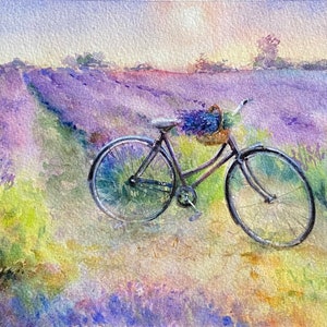 Lavender field landscape original watercolor painting Tuscany wall art