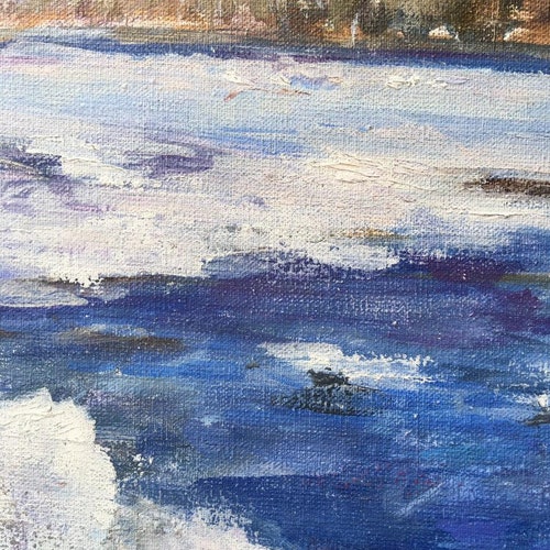 Large original oil painting of winter river, Gift shops for step mom with frosty forest
