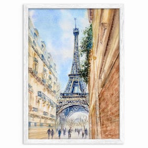 Vista de la calle de París con la Torre Eiffel, impresión de bellas artes a partir de acuarela original, regalo romántico, arte mural de paisaje urbano europeo.