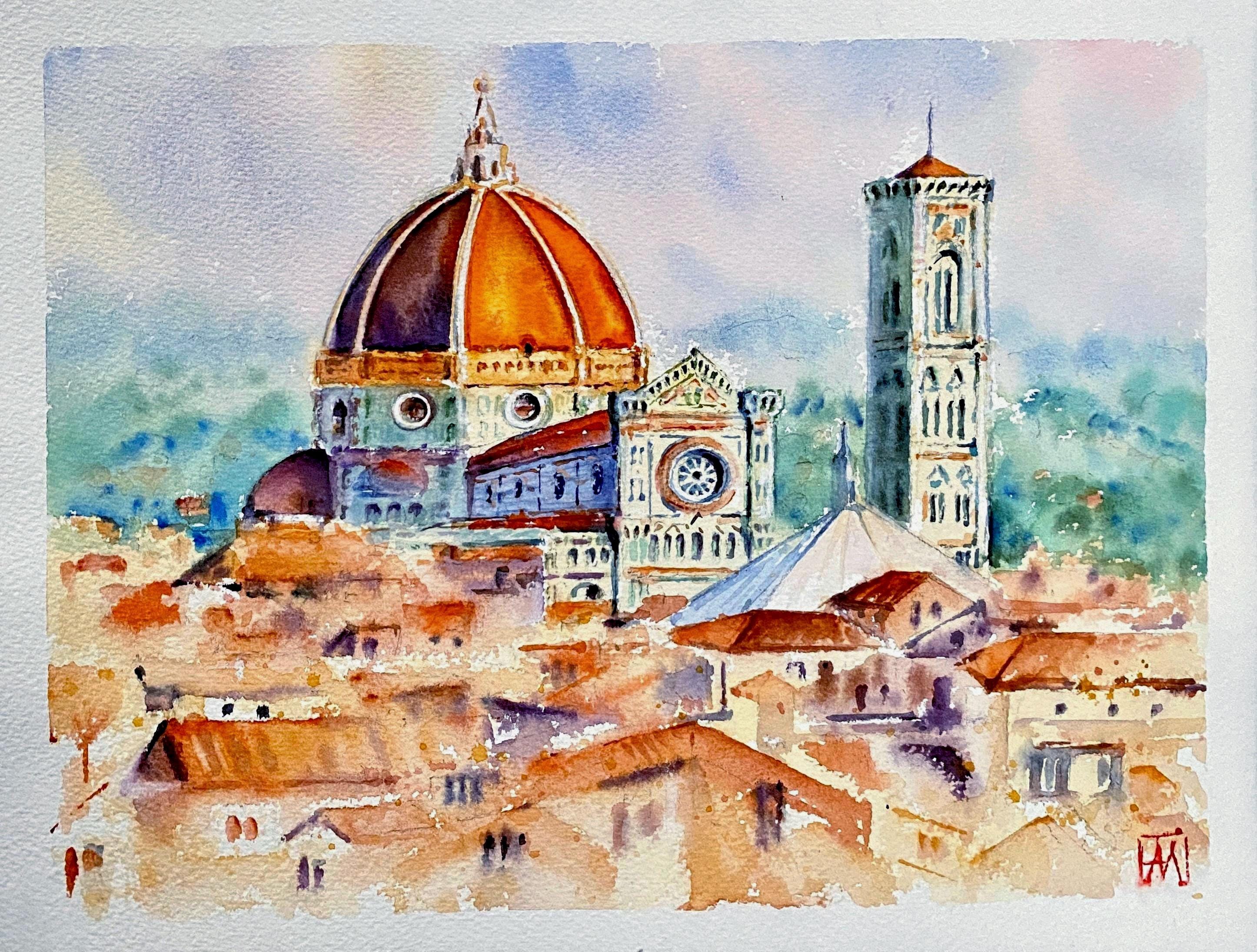 Watercolor painting of Florence in Italy, Tuscany original wall art, Italy cityscape.