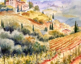 Toscaanse wijngaard, origineel aquarelschilderij, Italiaans landschap, handgemaakte kunst.