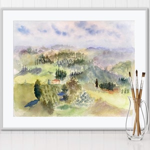 Aquarelle originale de Toscane, art mural ciel coloré.