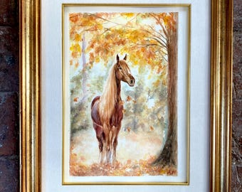 オリジナルの水彩画「馬の絵画」：秋の風景画 - Etsy 日本