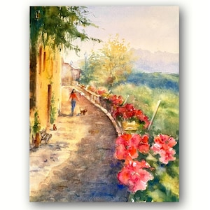 Aquarelle de Toscane en Italie, oeuvre d'art originale faite main.