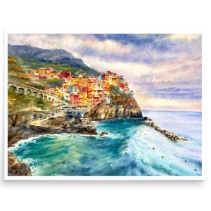 Cinque Terre Italien Druck, Manarola Malerei, Poster handgemachtes Aquarell Segelboot, Malerei für Küstenwandkunst und Strandliebhabergeschenke.