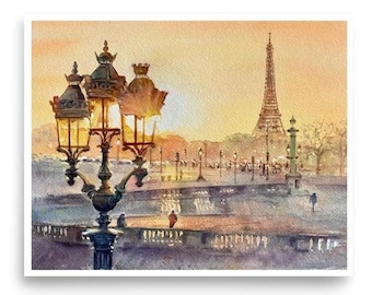 Paris Watercolor Original Painting Print, Wall Art Poster, Eiffel Tower, France Lovers Gifts.