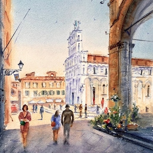 Aquarelle faite à la main de paysage urbain sur commande, peinture originale de Lucques en Italie, paysage urbain dans le style artistique.