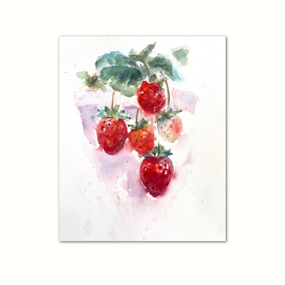 いちごのボタニカルアート水彩画 限定版15/30 サイン入り　ブリティッシュ イチゴの水彩画：ボタニカルキッチンウォールアート - Etsy 日本