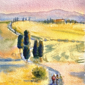 Pintura original em aquarela de cipreste da Toscana, arte de parede com céu colorido, ideia de presente, para amantes de viagens, paisagem italiana,