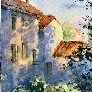 Aquarelle originale de Toscane, art mural ciel coloré