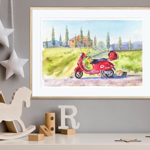 Acquerello originale della Toscana, dipinto di Vespa e cipresso