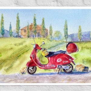 Impression aquarelle représentant la Toscane en Italie, peinture de Vespa et bois de cyprès, art mural esthétique de paysage rural