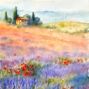 Paesaggio di lavanda acquerello originale dipinto toscano arte murale