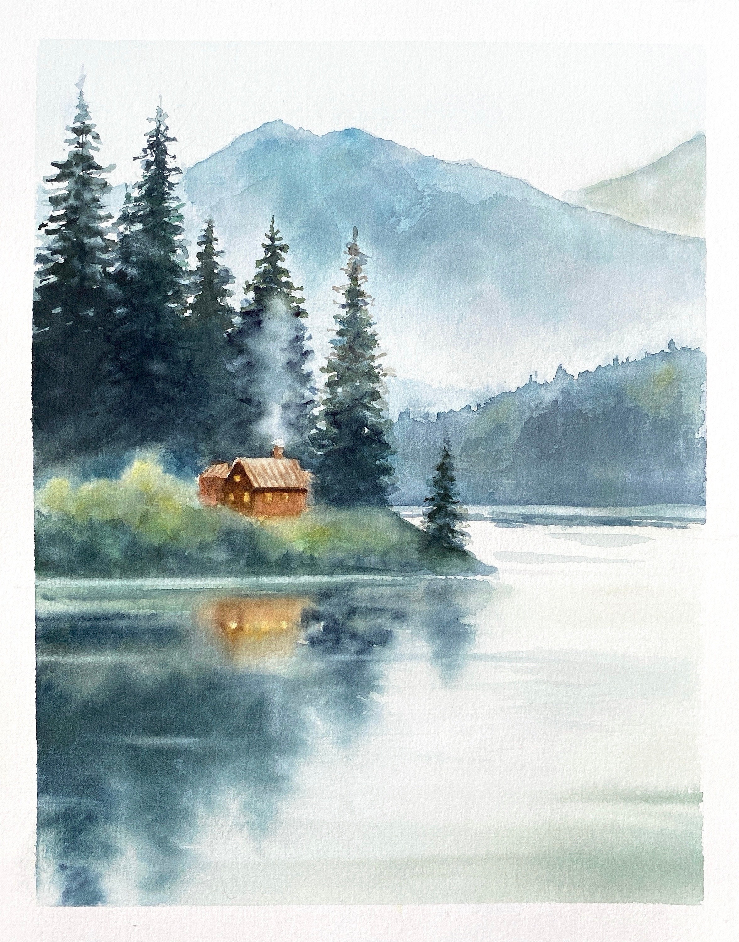 オリジナルの水彩画、カラフルな空の壁アート、山の風景、松林、抽象画