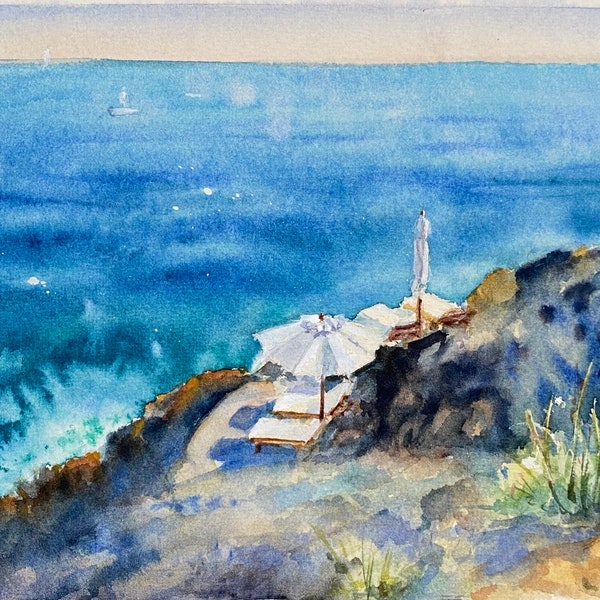 Aquarelle faite main représentant la côte italienne, cadeau pour les amoureux de l'Italie.