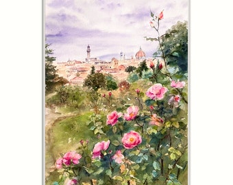 Print of original watercolor painting  Florence, Tuscany,rose garden, gift for Italy lovers, city panorama