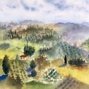 Dipinto originale ad acquerello toscano, dipinto murale raffigurante il cielo colorato.