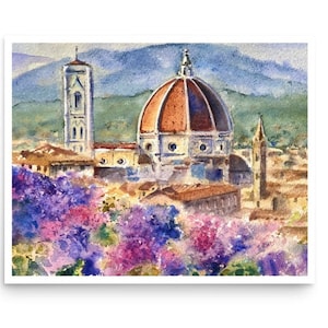 Afdruk van Toscane origineel aquarel schilderij, kathedraal van Santa Maria del Fiore in Florence, architectuur van Italiaans Toscane.