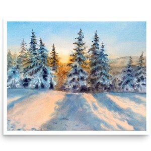 Impression d'une aquarelle originale faite main, forêt d'hiver en Italie, décoration cadeau.