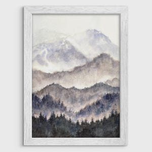 Aquarelle originale, art mural ciel coloré, paysage de montagne, forêt de pins, peinture abstraite.