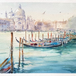 Aquarelle originale de paysage marin, gondoles de Venise, peinture italienne.