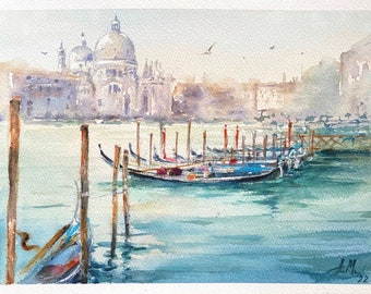 Original watercolor seascape painting, Venice gondolas, Italian painting.