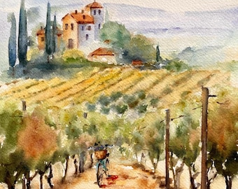 Aquarel Toscane wijngaard: Italiaanse landschapskunst