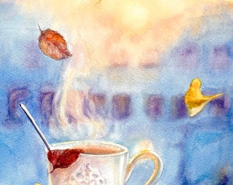 Original handmade watercolor painting, gift for coffee lovers .