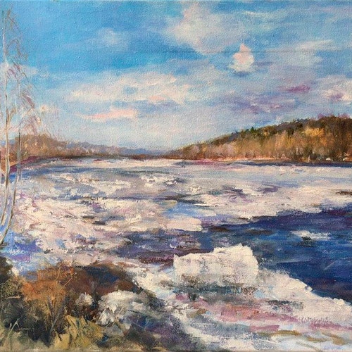 Large original oil painting of winter river, Gift shops for step mom with frosty forest