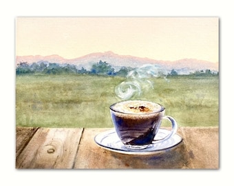 Original handmade watercolor painting for coffee lovers gifts Foggy house watercolor