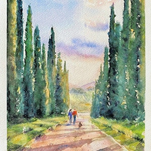 Peinture aquarelle originale de cyprès, art mural ciel coloré