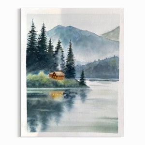 Original watercolor  painting, colorful sky wall art, mountain landscape, pine forest, abstract painting.