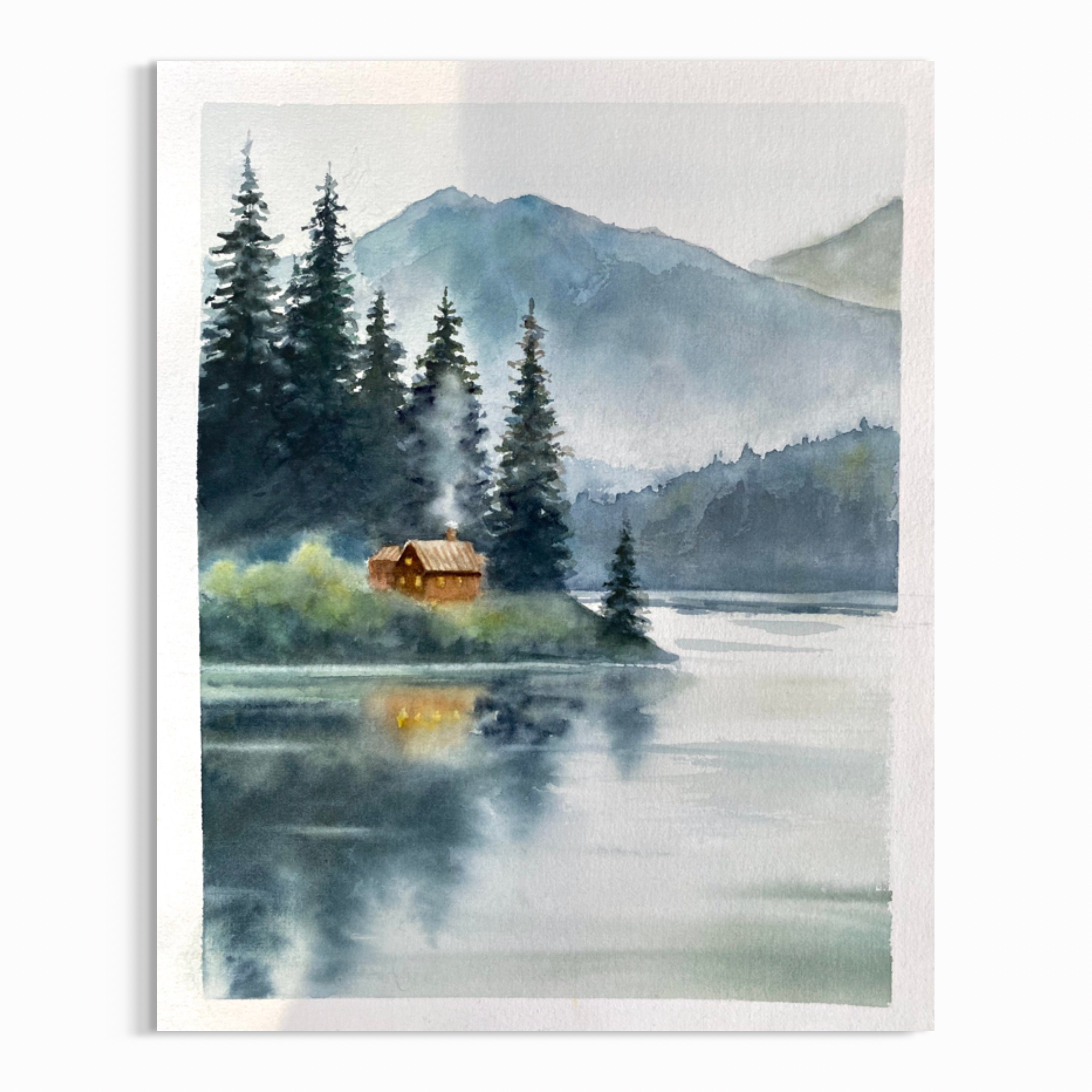 オリジナルの水彩画、カラフルな空の壁アート、山の風景、松林、抽象画
