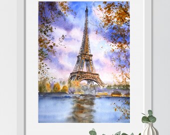 Póster de mi pintura de acuarela original, Torre Eiffel con reflejos en el agua.