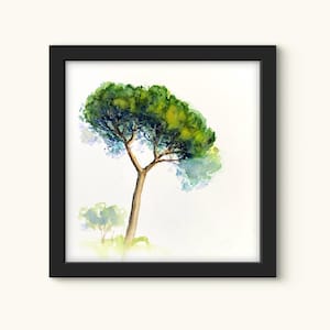 Piccola opera d'arte incorniciata, dipinto ad acquerello originale, mini albero di pino, decorazione per la casa, festa della mamma, regalo per l'ospite