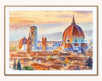 Toscana, Firenze, alba sulla città, acquarello originale, regalo estetico per gli amanti dell'Italia.